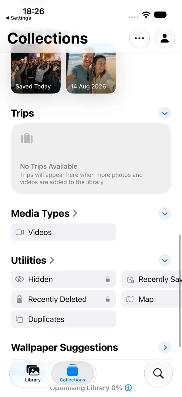 The Collections tab in the iOS 27 Photos app, scrolled to Utilities, showing Hidden, Recently Deleted with a lock, Duplicates, Recently Saved and Map.