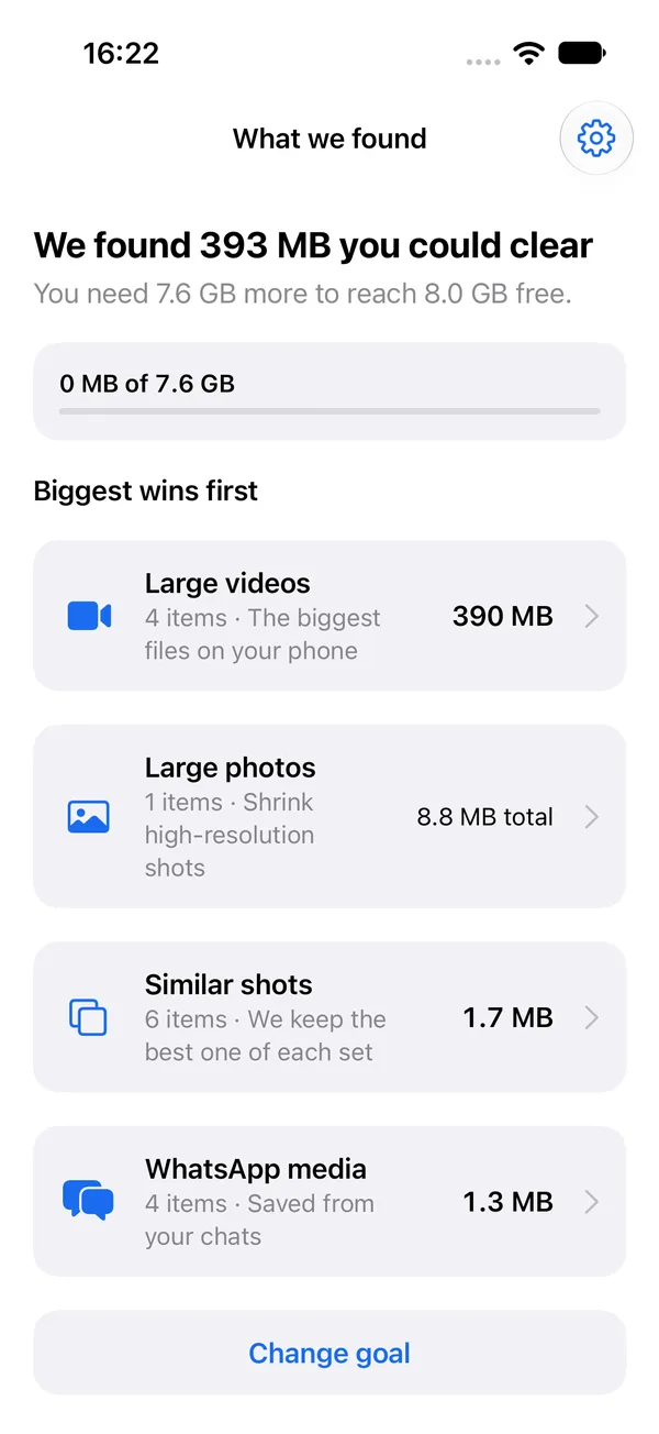 What we found screen listing large videos, large photos, WhatsApp media and similar shots, each with its size.