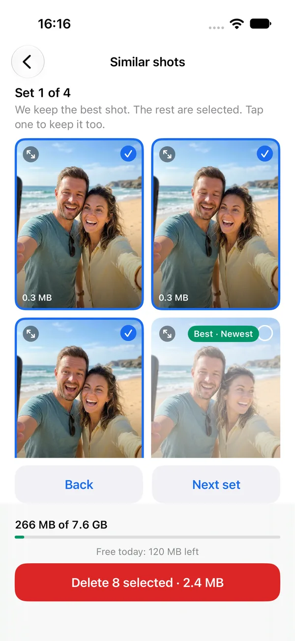 Similar shots screen showing a set of four near-identical photos, with the best one marked to keep and the others selected.