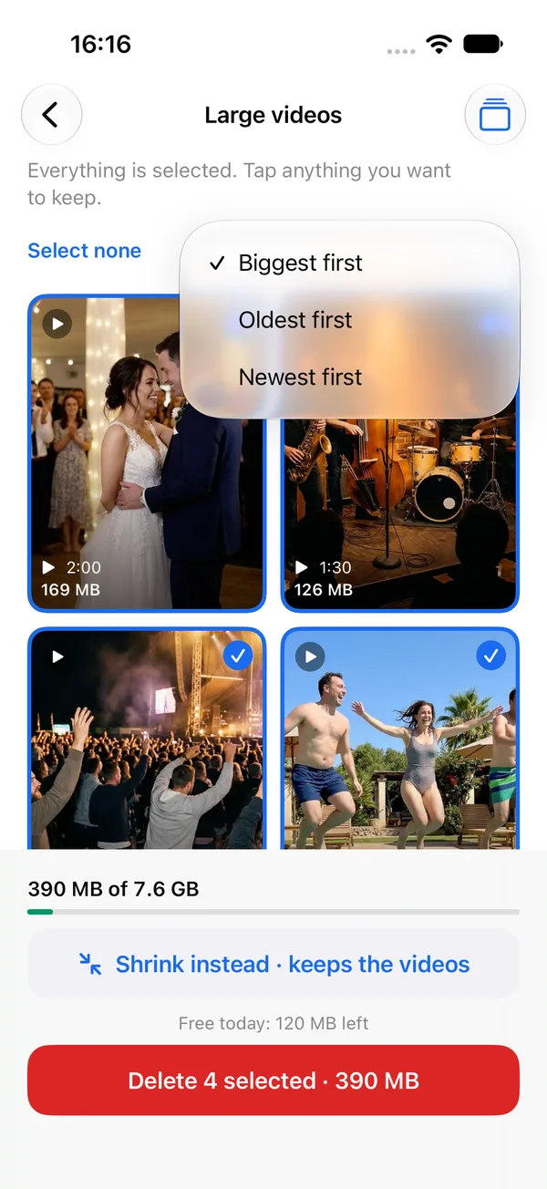 Large videos screen with the sort menu open, showing Biggest first, Oldest first and Newest first.