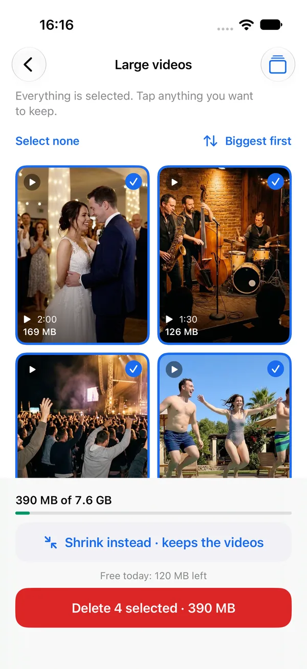 Large videos grid with every video ticked, a Shrink instead button and a Delete selected button.